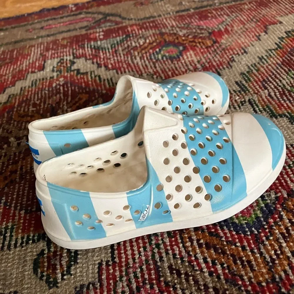 Toms Blue and White Shoes with Slip-On Style and Ventilated Design